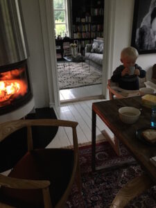 BILDE: Herman koser seg foran peisen.